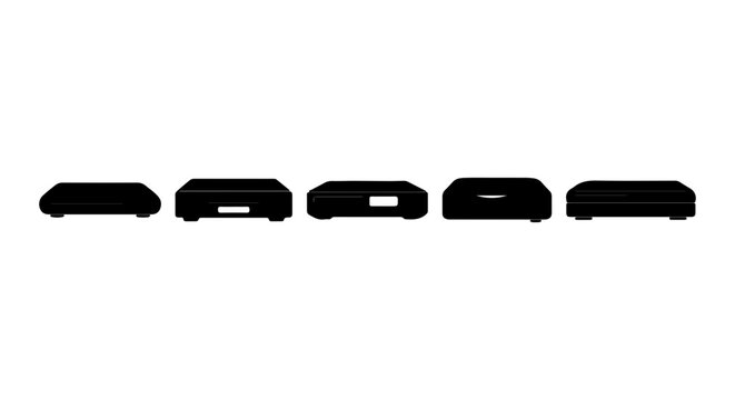 Set of 5 Black Digital Set-Top Boxes, Media Players, Receivers, Electronic Devices, Technology Gadgets