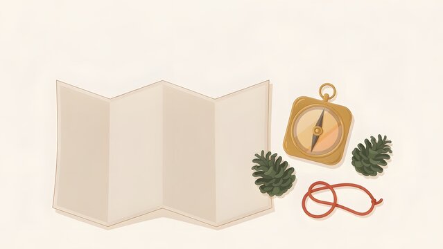 folded map compass pinecones and rope