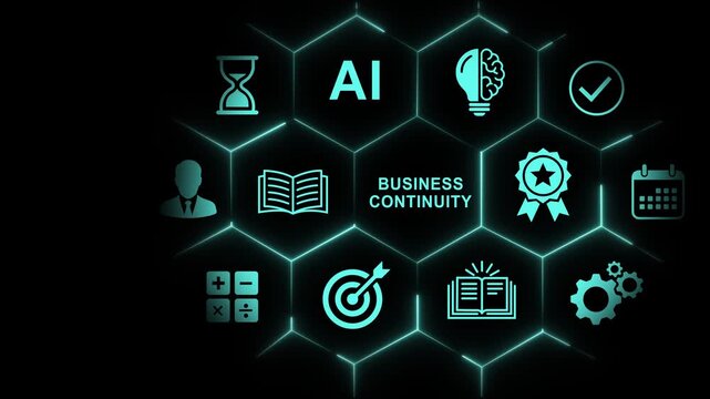 Business continuity and artificial intelligence strategy concept with glowing digital hexagon network infographic for corporate resilience, risk management, data analysis, and modern enterprise