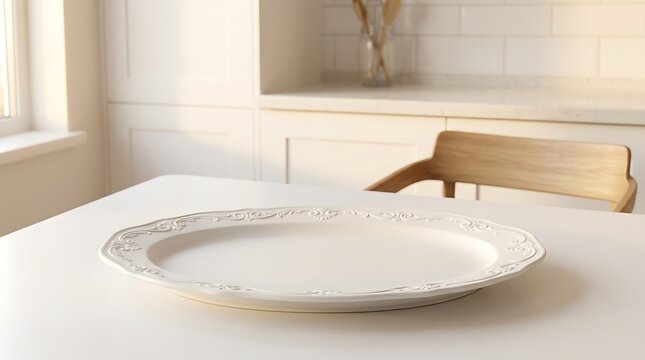 Empty White Serving Platter With Ornate Edges On A Clean Minimalist Kitchen Table Bathed In Warm Morning Sunlight