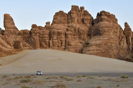 Tourists on a jeep safari in the Ashar Valley, near AlUla, Medina Province, Saudi Arabia, Arabian Peninsula