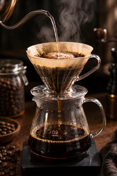 Close-up of hot water pouring over ground coffee beans in a dripper with paper filter and glass server, preparing fresh pour-over drip coffee