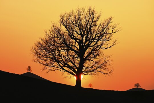 Silhouettes of an oak tree (Quercus), and lime trees (Tilia), in drumlin landscape in the light of the setting sun, Hirzel, Canton Zurich, Switzerland
