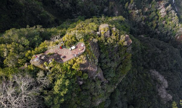 Aerial view, looking down, Miradouro dos Balc&otilde;es viewpoint, Madeira, Portugal