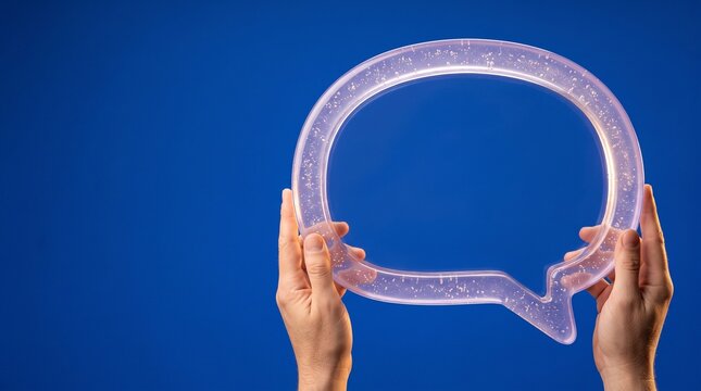 This captivating image showcases a pair of hands delicately holding a transparent circular speech bubble against a vibrant deep blue backdrop creating a striking visual