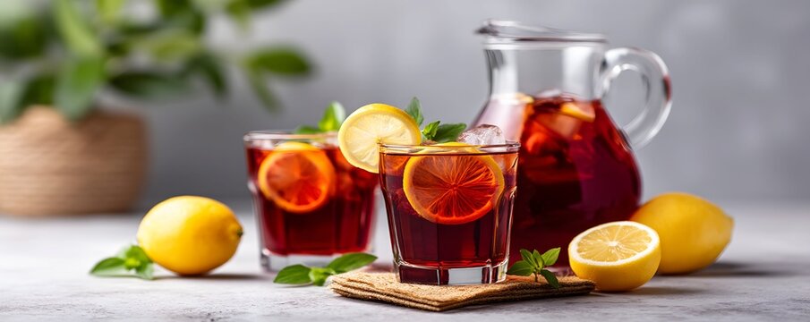 Dry January Mocktails Hibiscus Iced Tea with Lemon and Fresh Herbs
