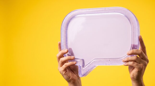 A striking studio shot showcases a pair of hands delicately holding a translucent rectangular plastic container against a vibrant solid yellow backdrop creating a visually