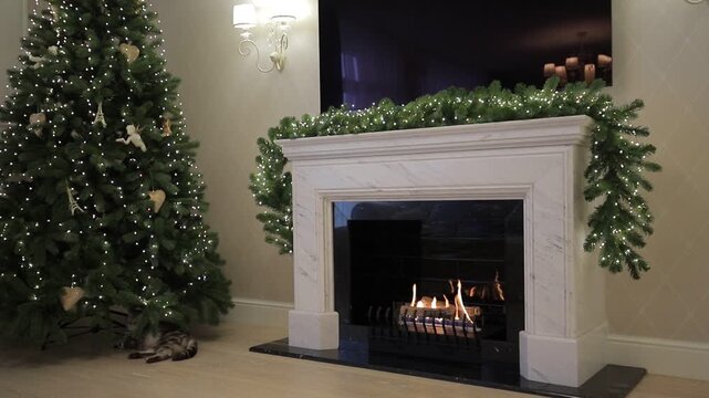 Diagonal camera movement showing beautiful Christmas tree with glowing lights cat lying on floor and warm fire burning in marble fireplace portal decorated with festive garland