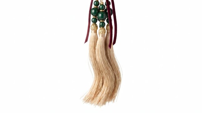 Beige decorative tassels with green beads and velvet ribbon on white background
