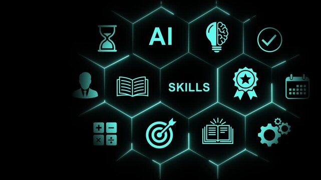 Digital transformation and artificial intelligence skills development concept with glowing hexagonal network interface featuring educational and growth symbols for modern business training