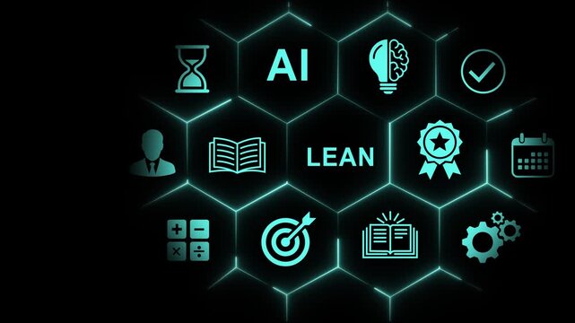 Lean methodology and artificial intelligence integration concept with glowing digital hexagonal network interface, business process optimization corporate strategy infographic, and futuristic tech