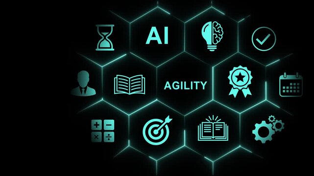Dynamic digital interface featuring ai agility concept with glowing hexagonal network business strategy symbols, futuristic technology infographics, and data analytics visualization for corporate use