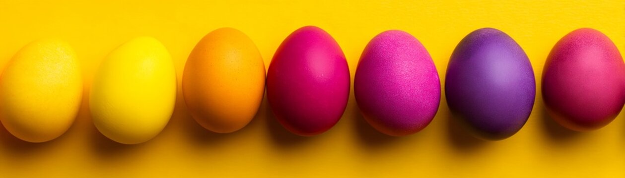 Natural dyed Easter eggs in a yellow to purple gradient row