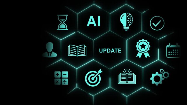 Advanced artificial intelligence system update interface featuring glowing digital hexagonal network nodes with interactive business and futuristic data processing symbols for modern corporate