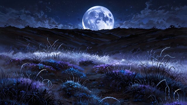 Full moon rising over dark rolling hills with glowing blue wild grass landscape