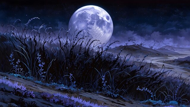Full moon rising over dark grassy hills in a serene night landscape scene