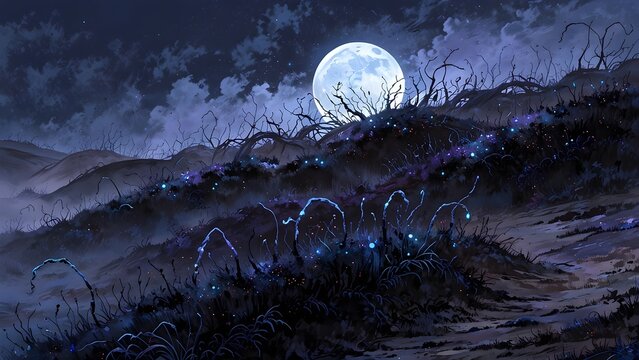 Full moon over dark landscape with glowing blue plants on rolling hills