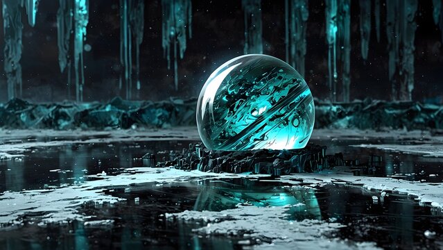 Glowing crystal sphere resting on frozen ice surface inside dark cavernous ice cave