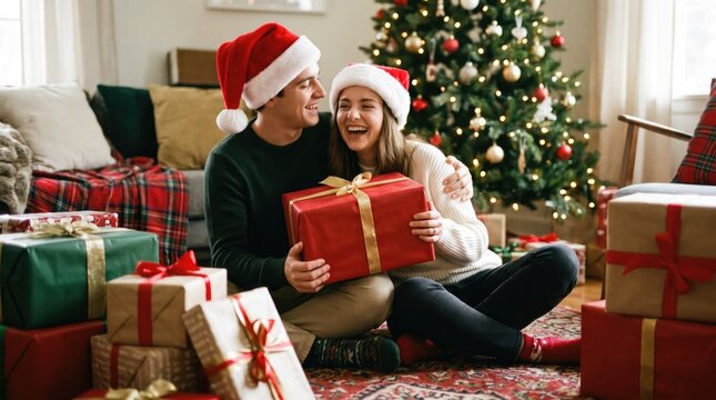 Joyful young couple wearing santa hats exchanging a brightly wrapped gift near a decorated christmas tree indoors