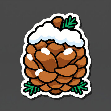 Pinecone with snow, 2D flat illustration die-cut sticker icon with bold black outline and white border