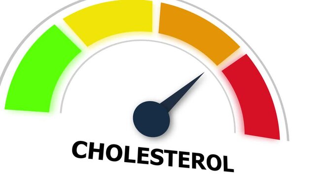 Animated cholesterol level gauge meter indicating risk health status with moving needle pointer for medical diagnostics, cardiovascular wellness, diet monitoring, and clinical laboratory analysis