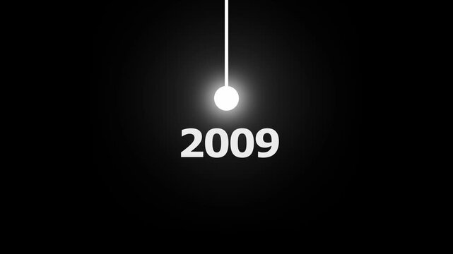 Minimalist pendulum animation swinging over 2009 date text on black background
