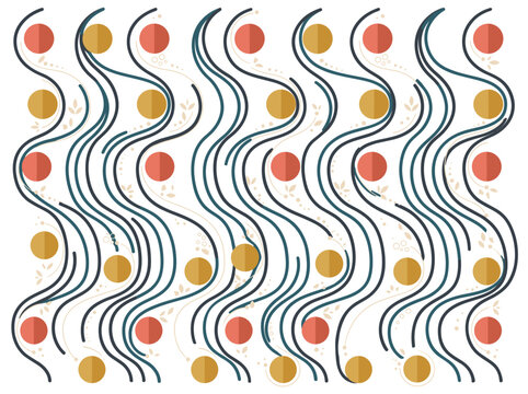 Vertical wavy lines with circles and dots floral seismic wave pattern on black background vector illustration