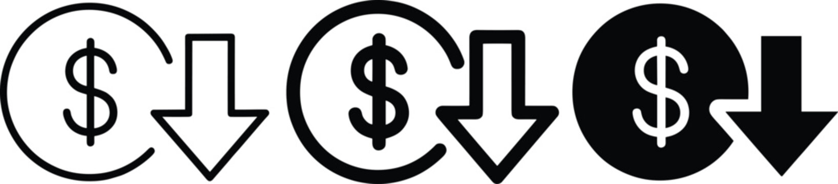 Dollar and Downward Arrow Icons in Black and White for Financial Decline