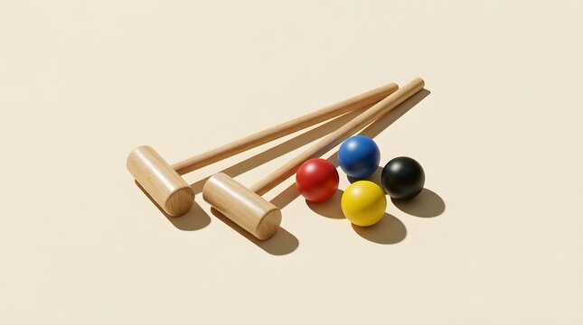 Croquet set, mallets and colorful balls on neutral background for summer games, outdoor recreation and leisure activities. Wooden sticks, equipment and sport for yard fun, hobby and garden social