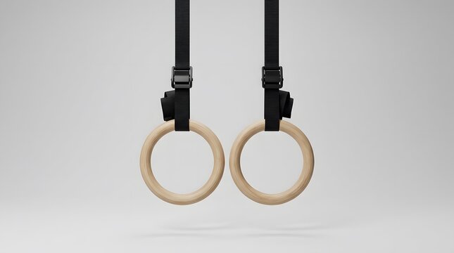 Gymnastic rings, fitness and calisthenics equipment for strength training, workout and exercise. Wood, straps and athletic gear with crossfit, bodyweight activity and health in studio for sport