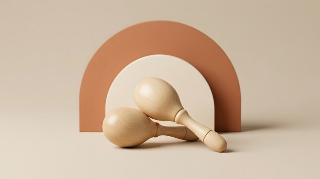 Wooden maracas baby, newborn and shaker in nursery with geometric shapes, toy and music education in home. Natural wood, instrument and rattling with organic style, sound and play for childhoods