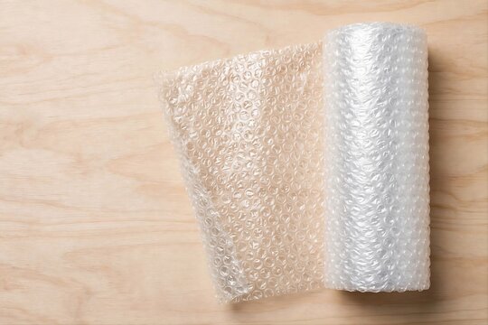 Roll of bubble wrap packaging material on light wooden background top view