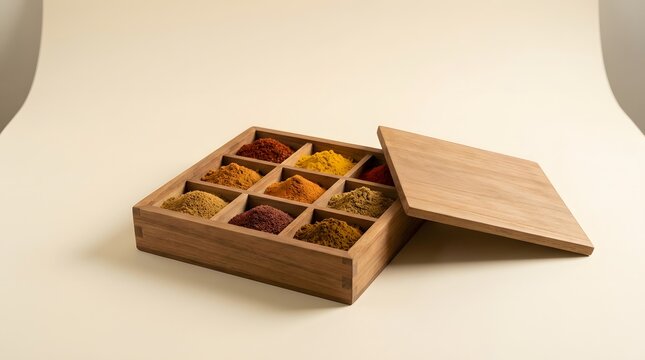 Spice, wooden box and variety in kitchen for cooking, seasoning and flavor. Aromatic powders, assortment and garnishing with organic ingredients for recipe, culinary arts and food preparation.