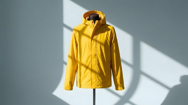 Yellow rain jacket, waterproof clothing and outdoor apparel on mannequin in studio for retail. Fashion, windbreaker and gear with copy space for ecommerce, marketing and weather protection equipment