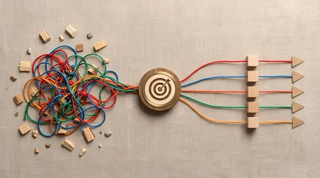 Abstract concept of simplification showing tangled colorful wires transforming into organized straight lines after passing through a wooden target symbol representing logic and strategic focus
