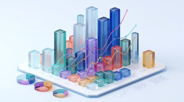 Multi-colored glass bar charts and growth lines on document representing financial performance and statistical analysis in a clean professional studio environment