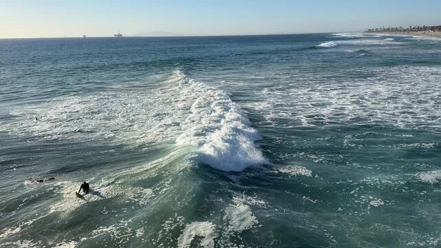 View of Large Ocean Waves at Huntington Beach California in Late Afternoon