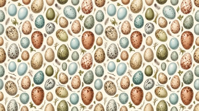 A charming seamless egg pattern featuring beautifully illustrated eggs in various sizes, decorated with delicate speckles, spots, and natural textures.