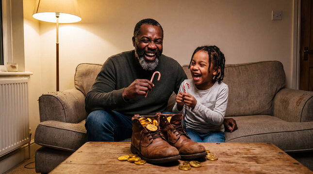 A Black father and child hold candy canes on a sofa during St. Nicholas Day December holiday evening, suitable for greeting cards and posts.