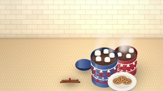 Red and cream nordic pattern cocoa cup perspective view endless loop