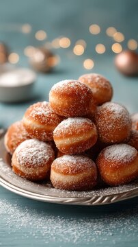Hanukkah Food Heap of Mini Sufganiyot Doughnuts Close Up