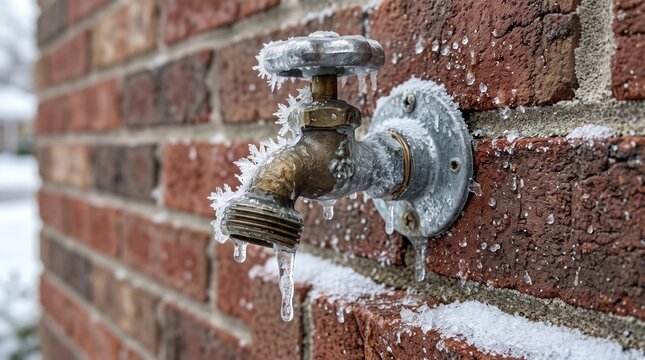 Frozen Outdoor Faucet with Ice Crystals and Icicles on Brick Wall Home Maintenance