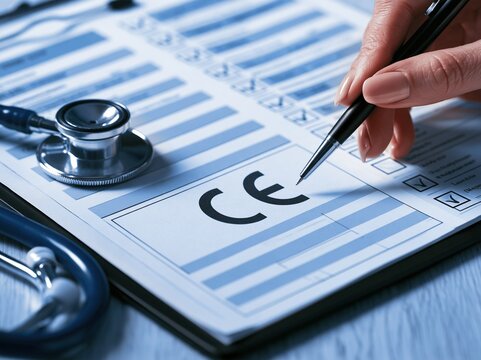 Close-up of a hand holding a pen, marking a CE certification on a medical document with a stethoscope nearby