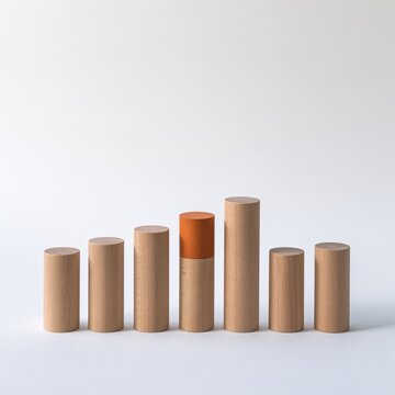 Seven beech wood cylinders of varying heights with one terracotta accent, arranged in a matte row on a white background for a minimal mockup