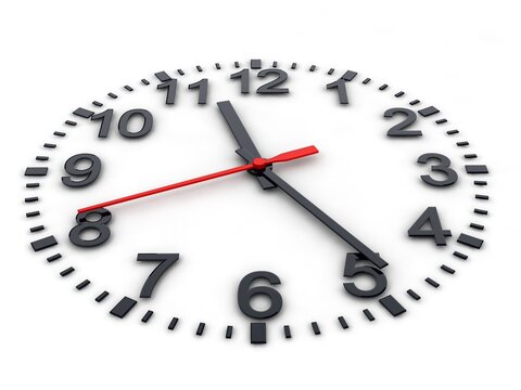 Clock face showing time with black numbers and red hand
