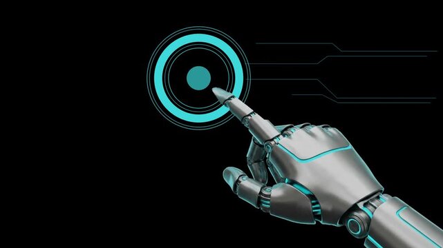 Robotic hand touching a glowing digital target interface