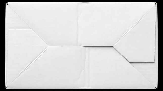 Overhead View Of A Closed Empty White Cardboard Box Ready For Shipping And Delivery Showing Folded Flaps With Black Background Isolated Studio Shot