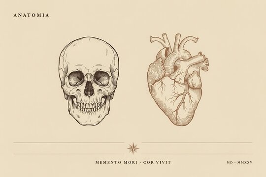 Vintage anatomical drawing of a human skull and heart with elegant typography. An artistic concept for medical history and biology education displays.