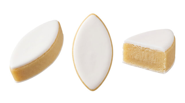 Three traditional french calisson almond sweets with white royal icing and marzipan paste bases isolated on a transparent background