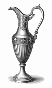 Antique silver pitcher with ornate floral engravings and fleur de lis detail